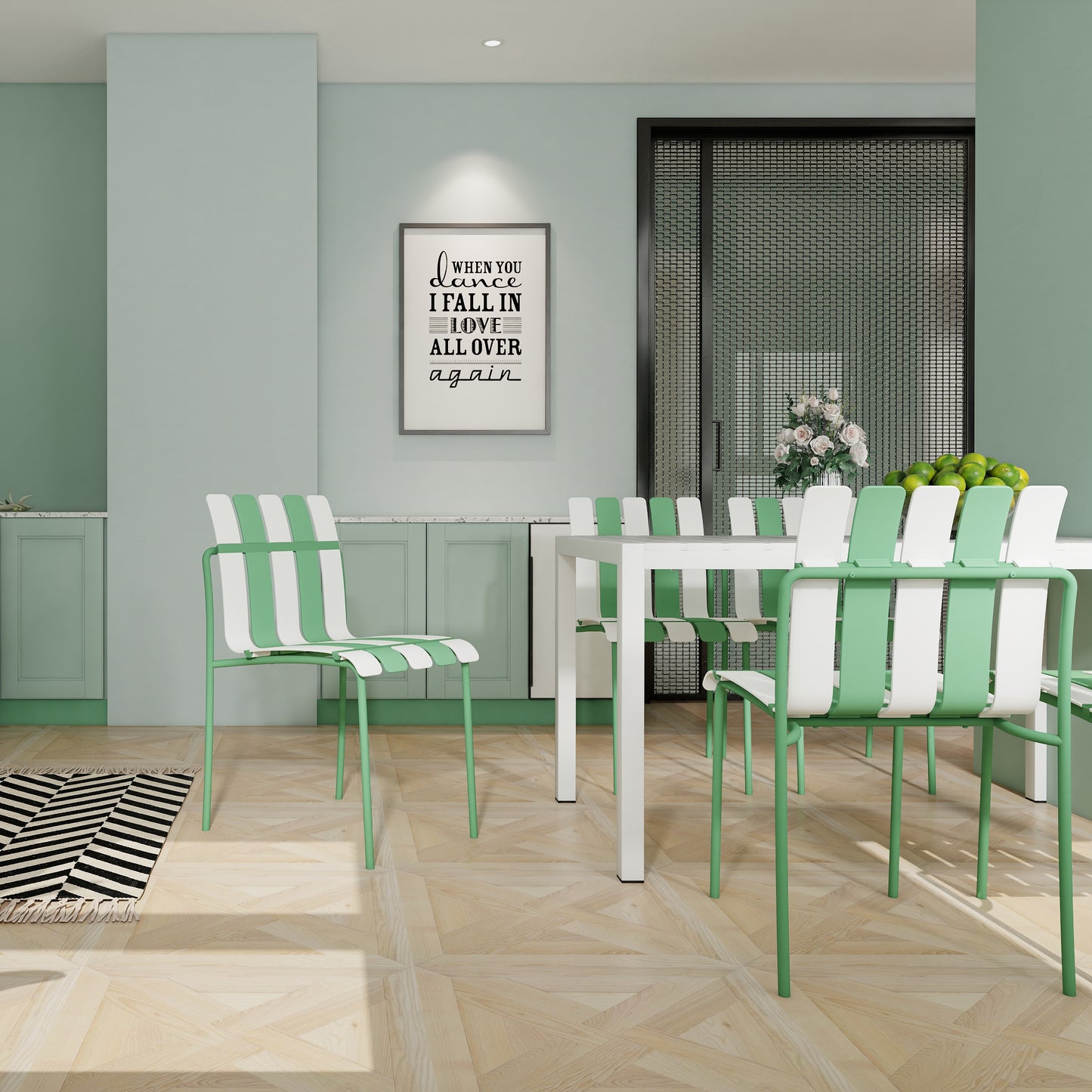 Modern Striped Color Block Dining Chairs - 4-Pack, Waterproof PP & Metal, Indoor/Outdoor Seating