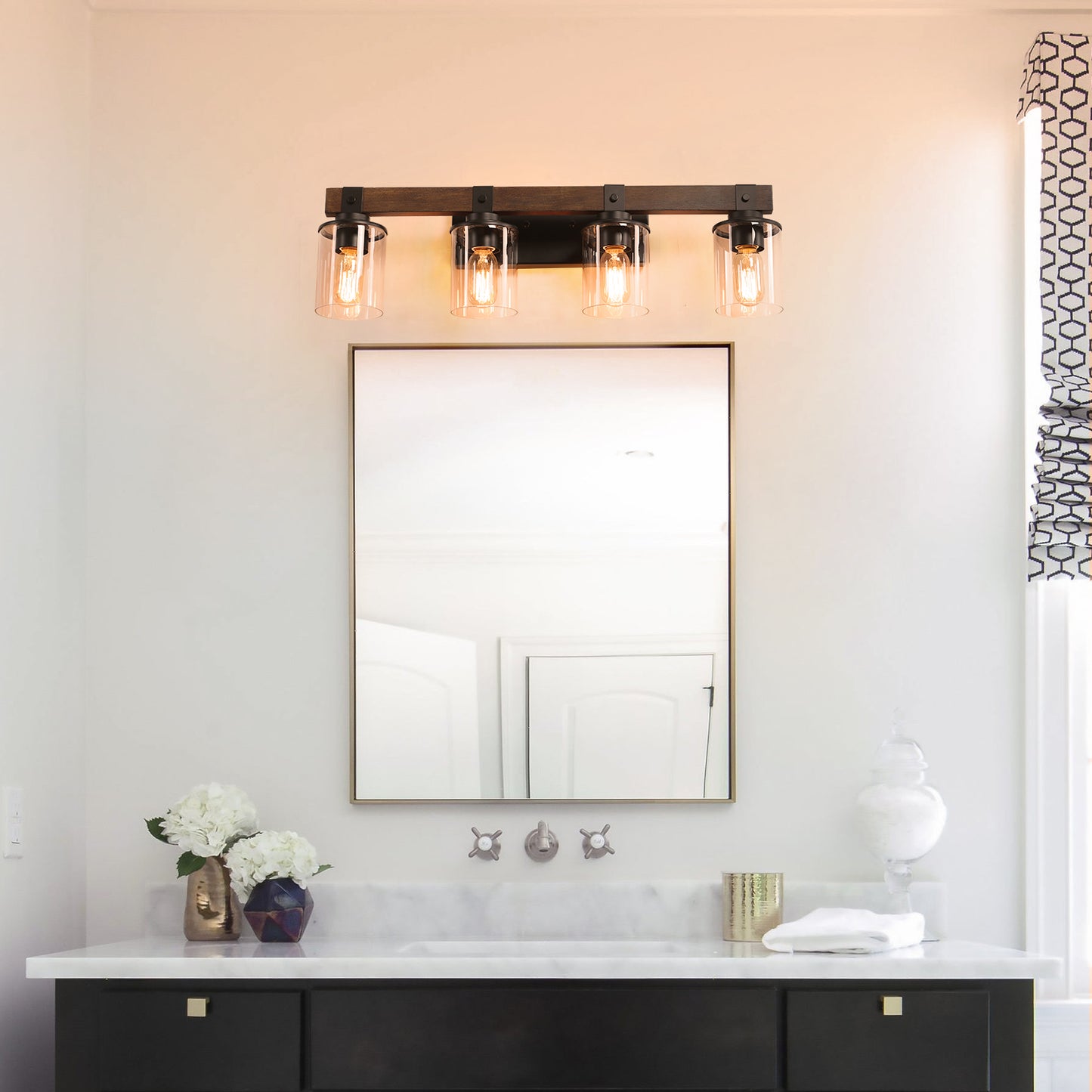 27-Inch Rustic 4-Light Vanity Light Fixture with Glass Shades