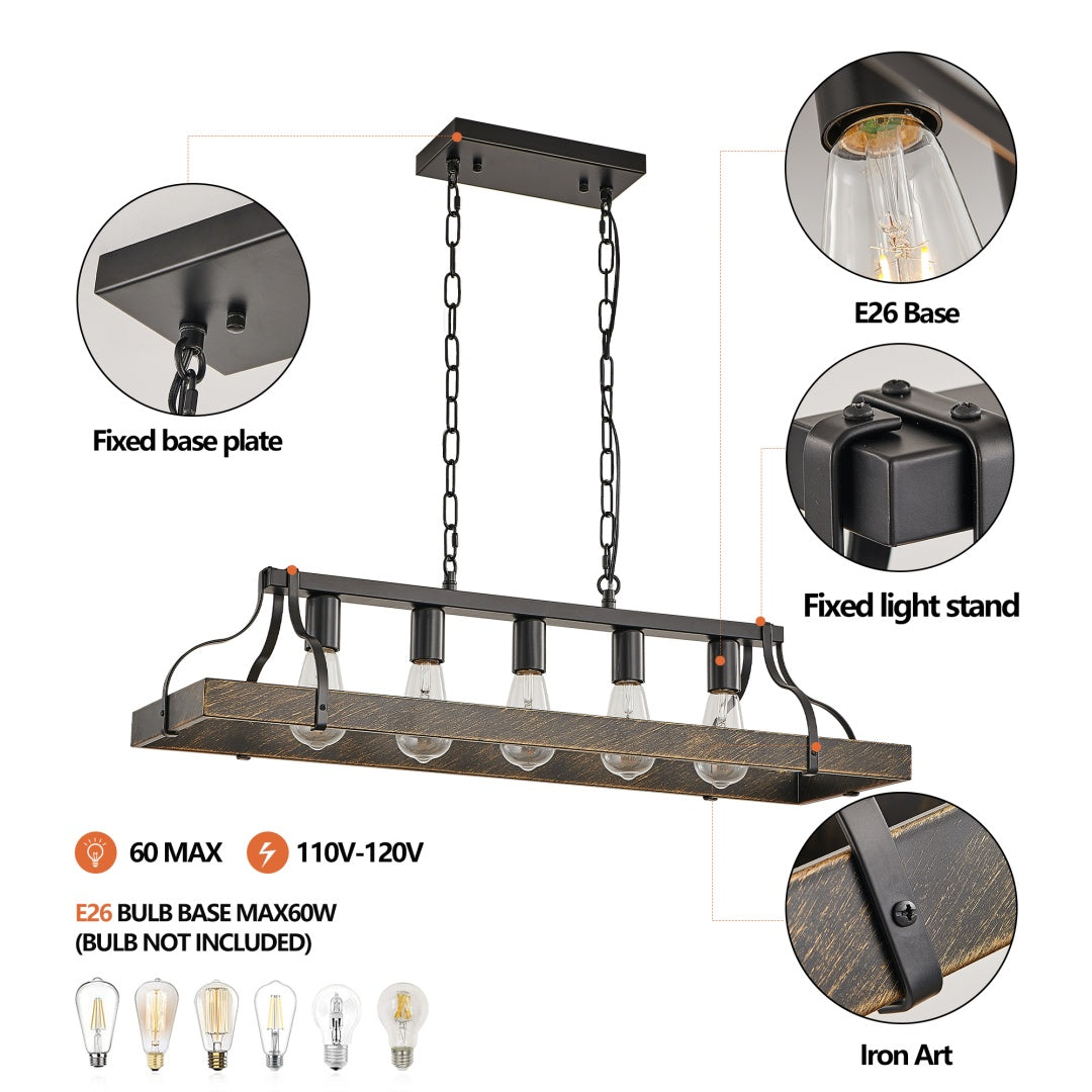 34-Inch Black Gold Vintage Pendant Light - 5 Bulb Sockets