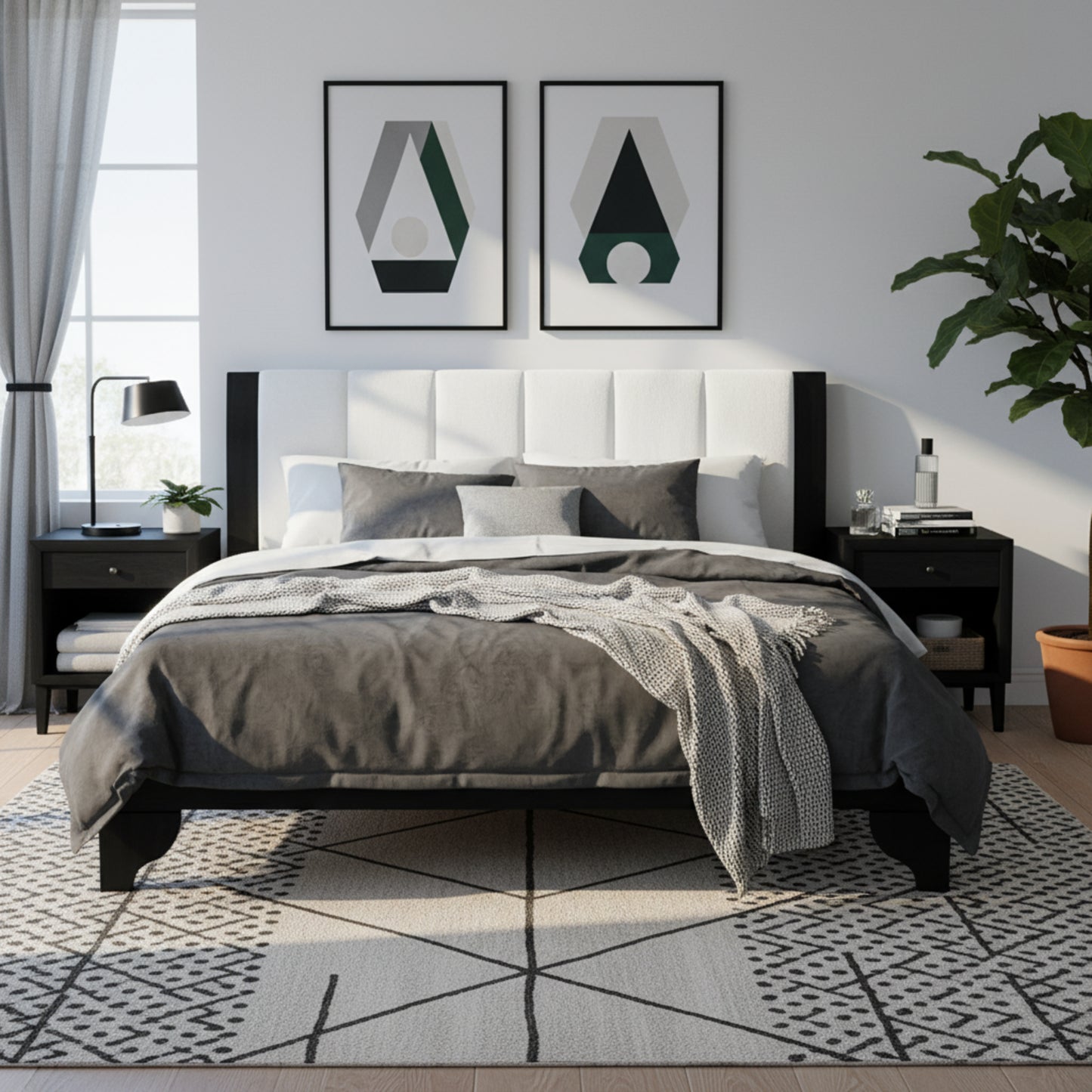 King Size Bed Frame - Black & White MDF Pine, No Box Spring