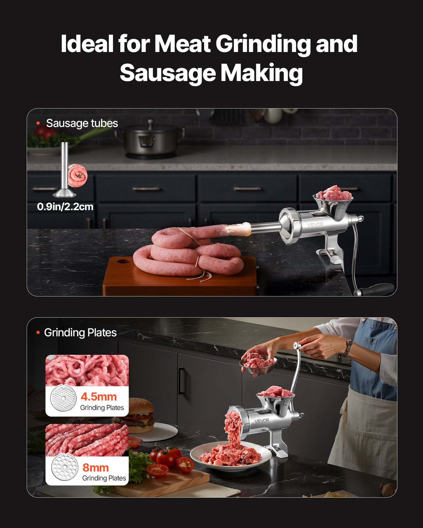 Manual Meat Grinder - 304 Stainless Steel with Sausage Maker
