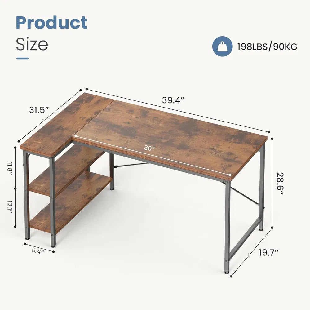 L-Shaped Computer Desk with Reversible Storage Rack - Multiple Sizes