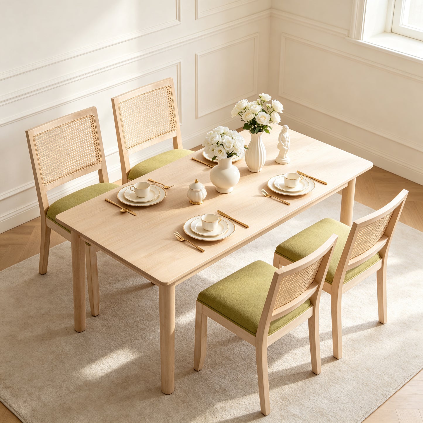 Olive Green Rattan Dining Chairs Set of 2 - Mid Century Modern