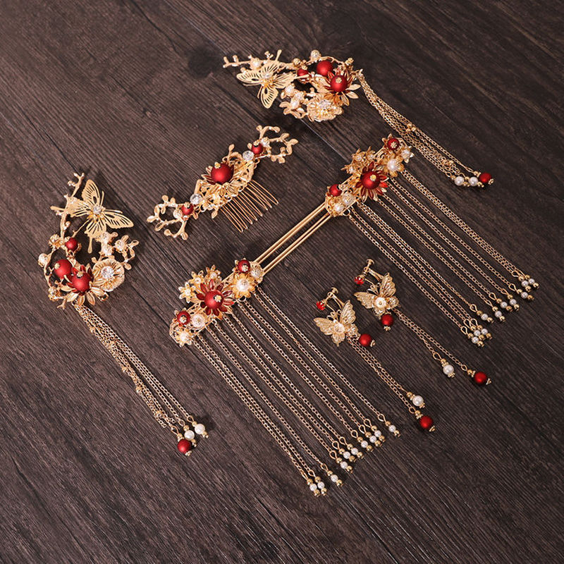Chinese Style Bride Phoenix Crown Headband - Red Alloy Vintage Hair Accessory
