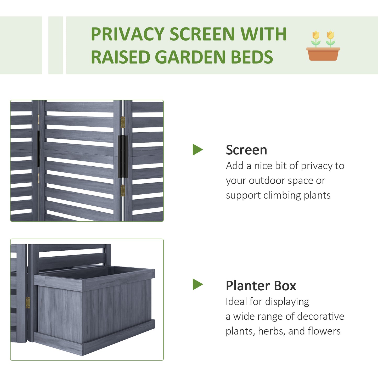 Wooden Privacy Screen with 4 Planter Boxes - Garden Fence Panel, Gray 910x285x600 mm