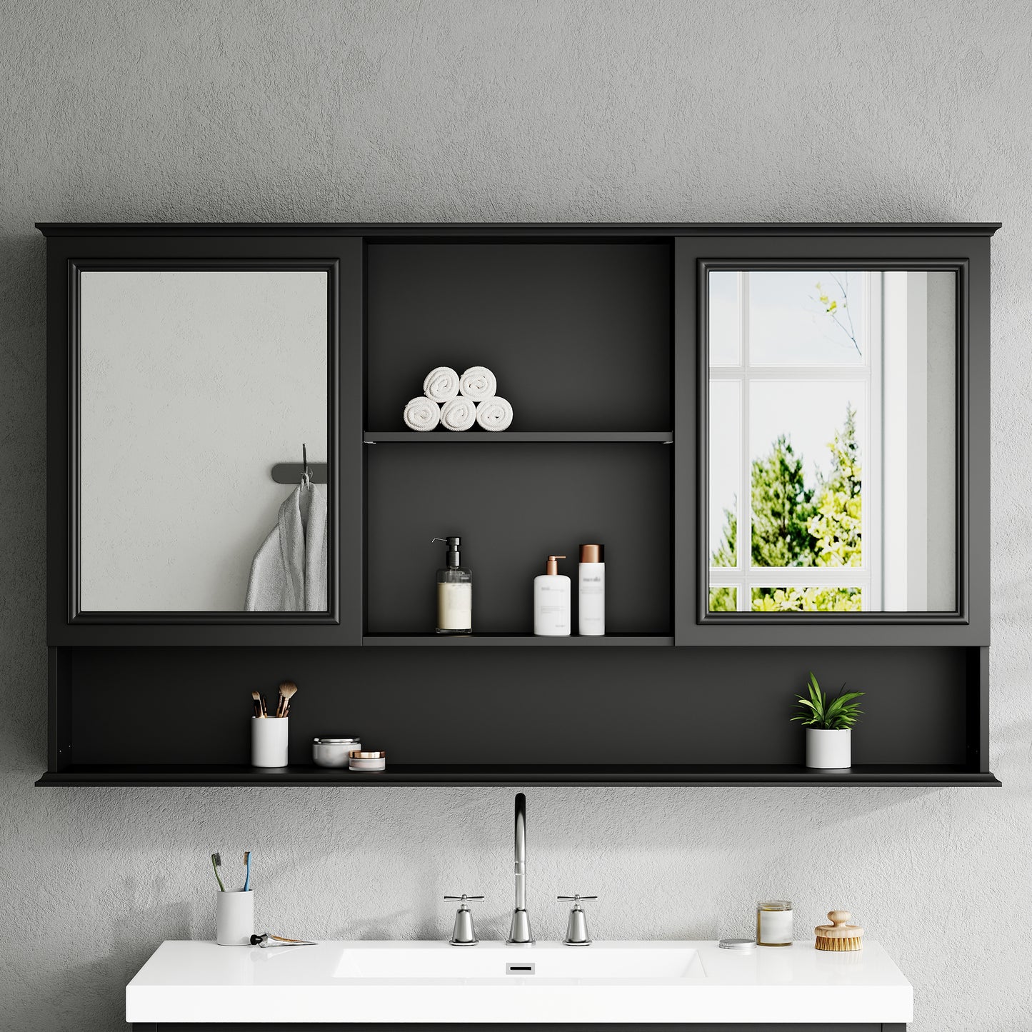 60" Wall-Mounted Bathroom Medicine Cabinet with Mirrored Doors