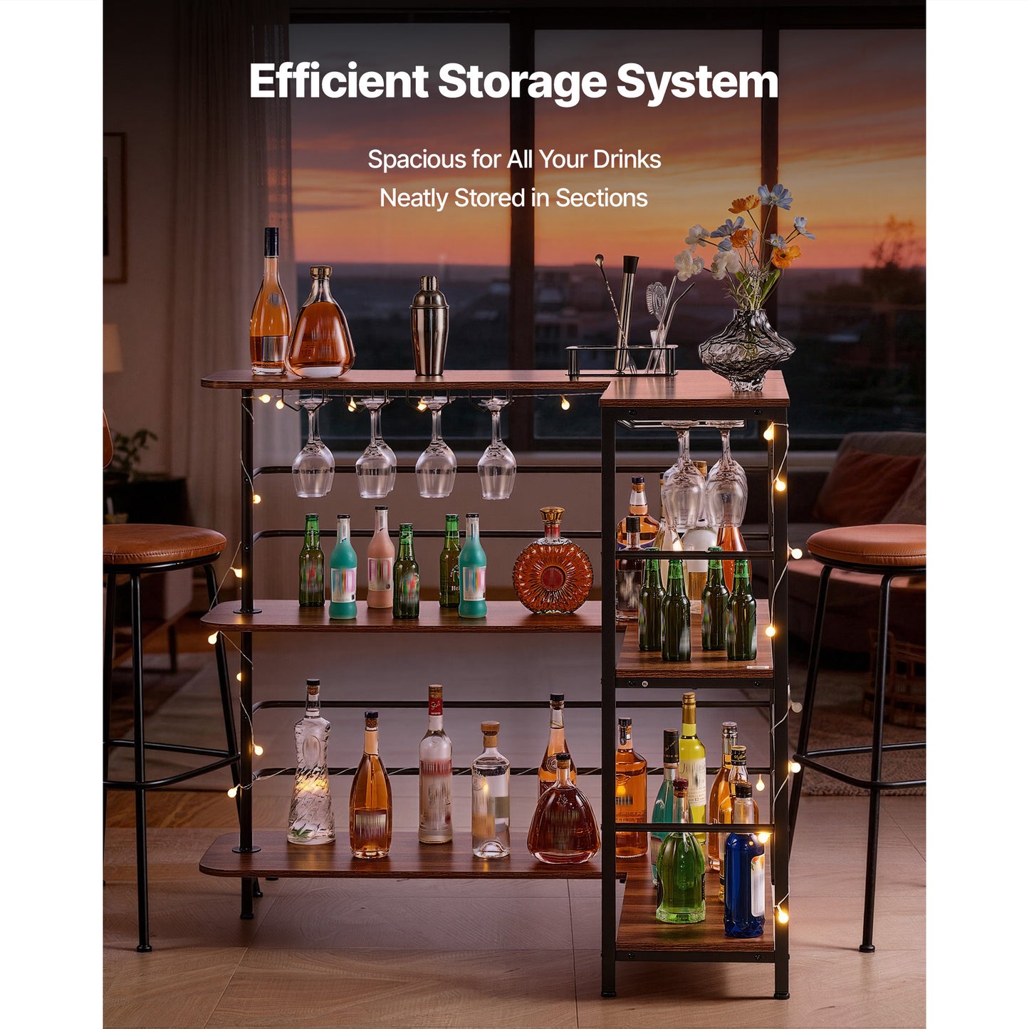 L-Shaped Wine Bar Cabinet with LED Lighting and Storage Shelves - Walnut Finish