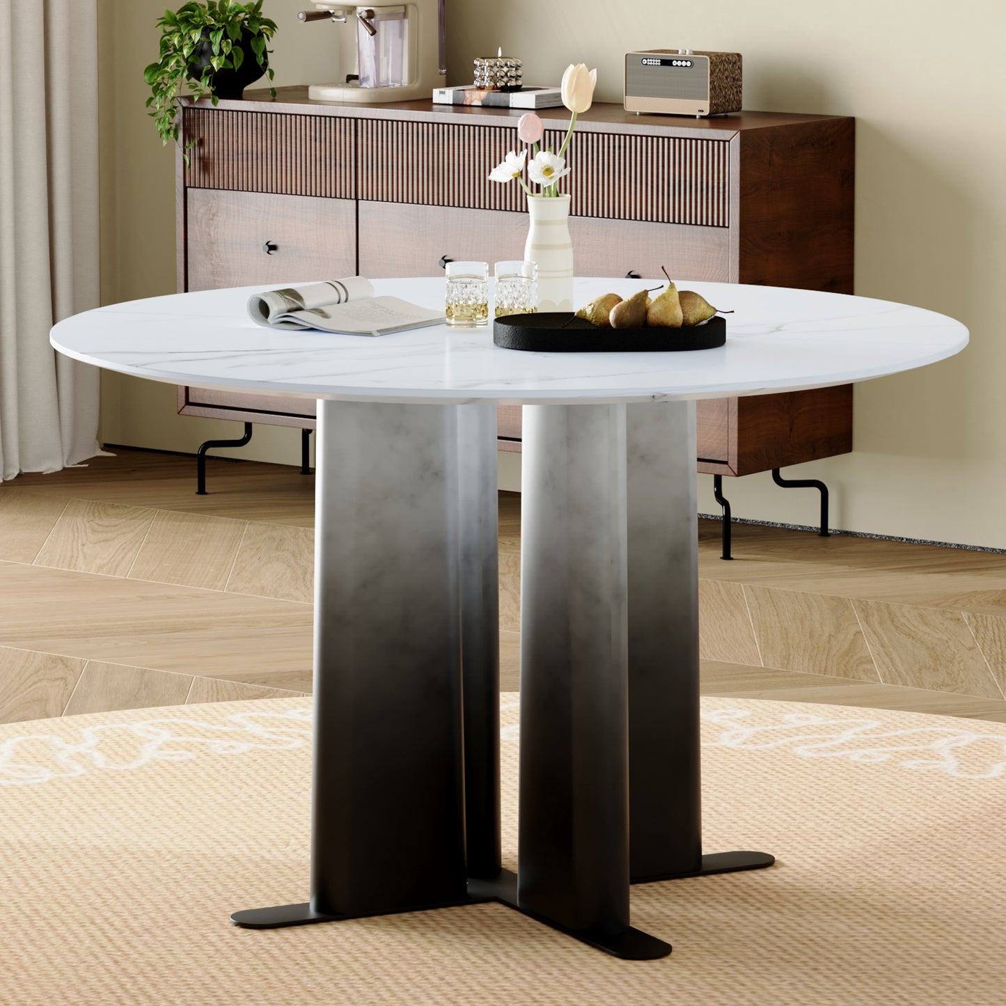 Round White Marble MDF Dining Table with Gradient Legs - Compact for 2-4