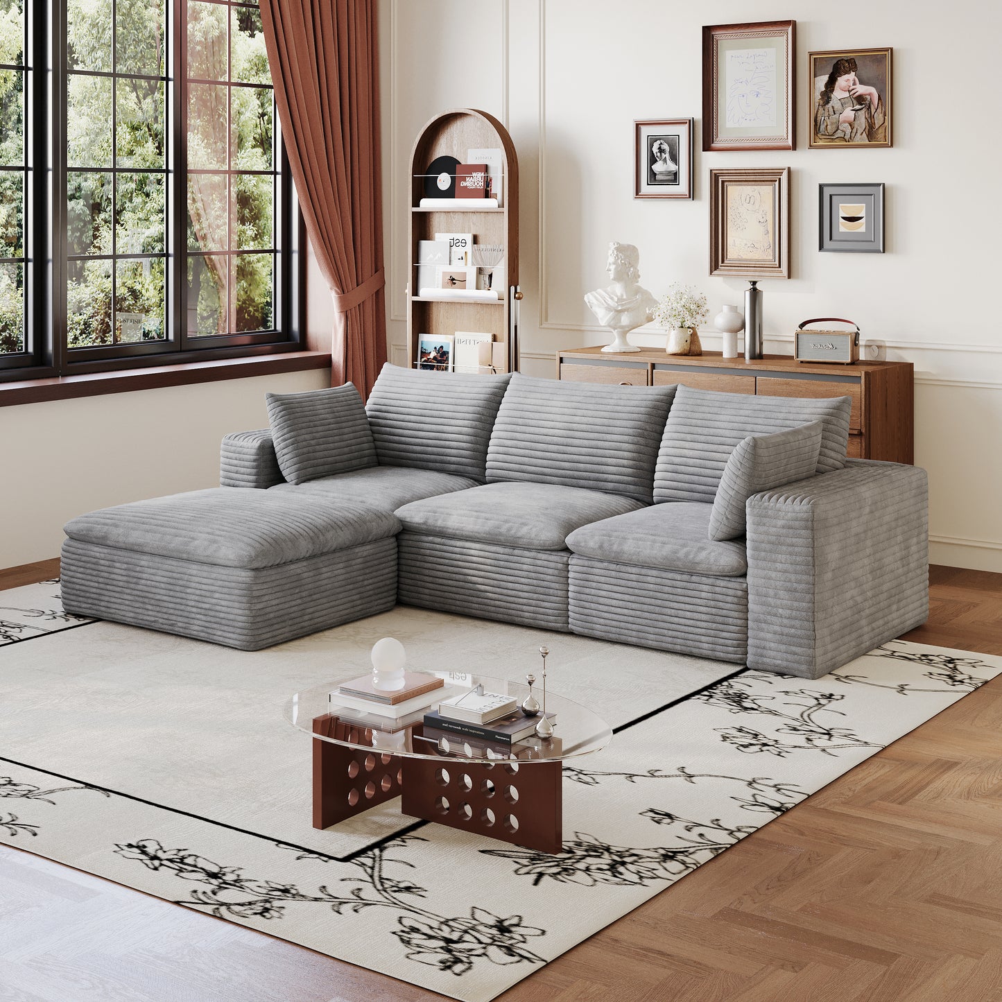 102" Cloud Sofa - Corduroy Fabric, Deep Seat, Removable Cushion, Grey