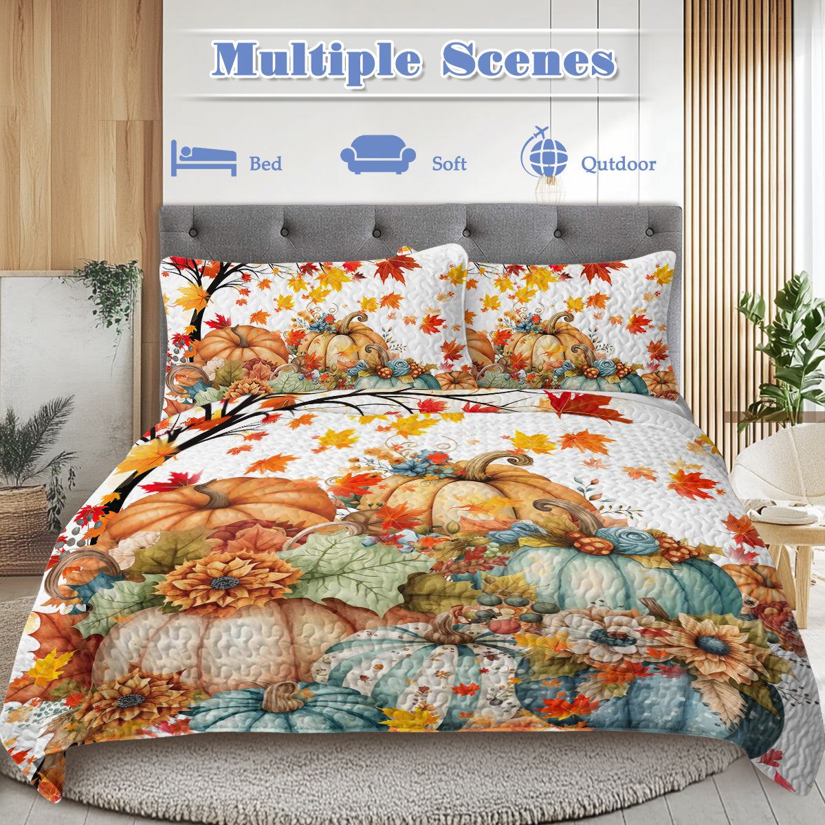 Colorful Pumpkin Pattern Quilt Set with Pillowcases - All Seasons