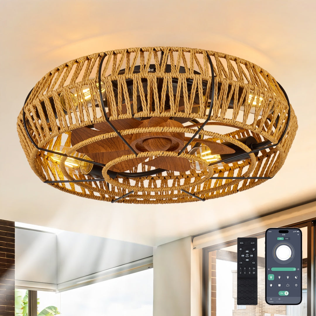 19-Inch Caged Ceiling Fan with Lights & Remote, Reversible Low Profile Flush Mount