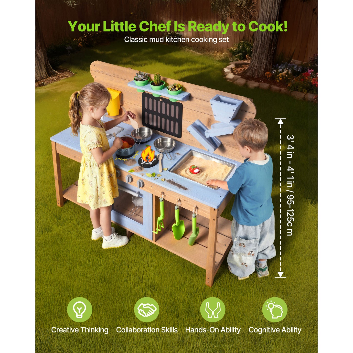 Kids Outdoor Mud Kitchen with Wood Stoves Double Sinks & Accessories
