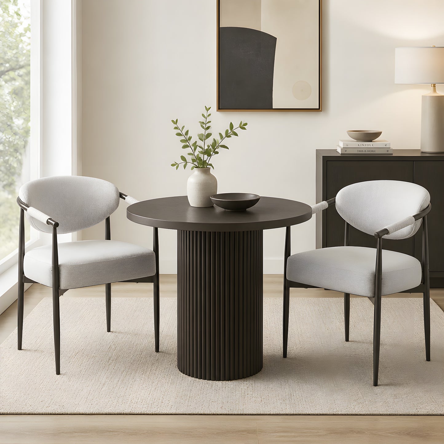 Modern Upholstered Dining Chairs Set of 2 with Bronze Frame - Beige