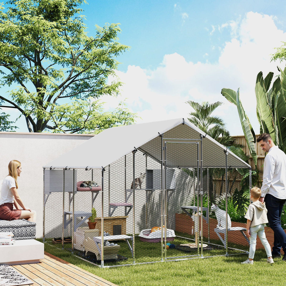 Large Metal Outdoor Catio with Waterproof Cover & Resting Boxes - Silver, 1950x350x175 mm