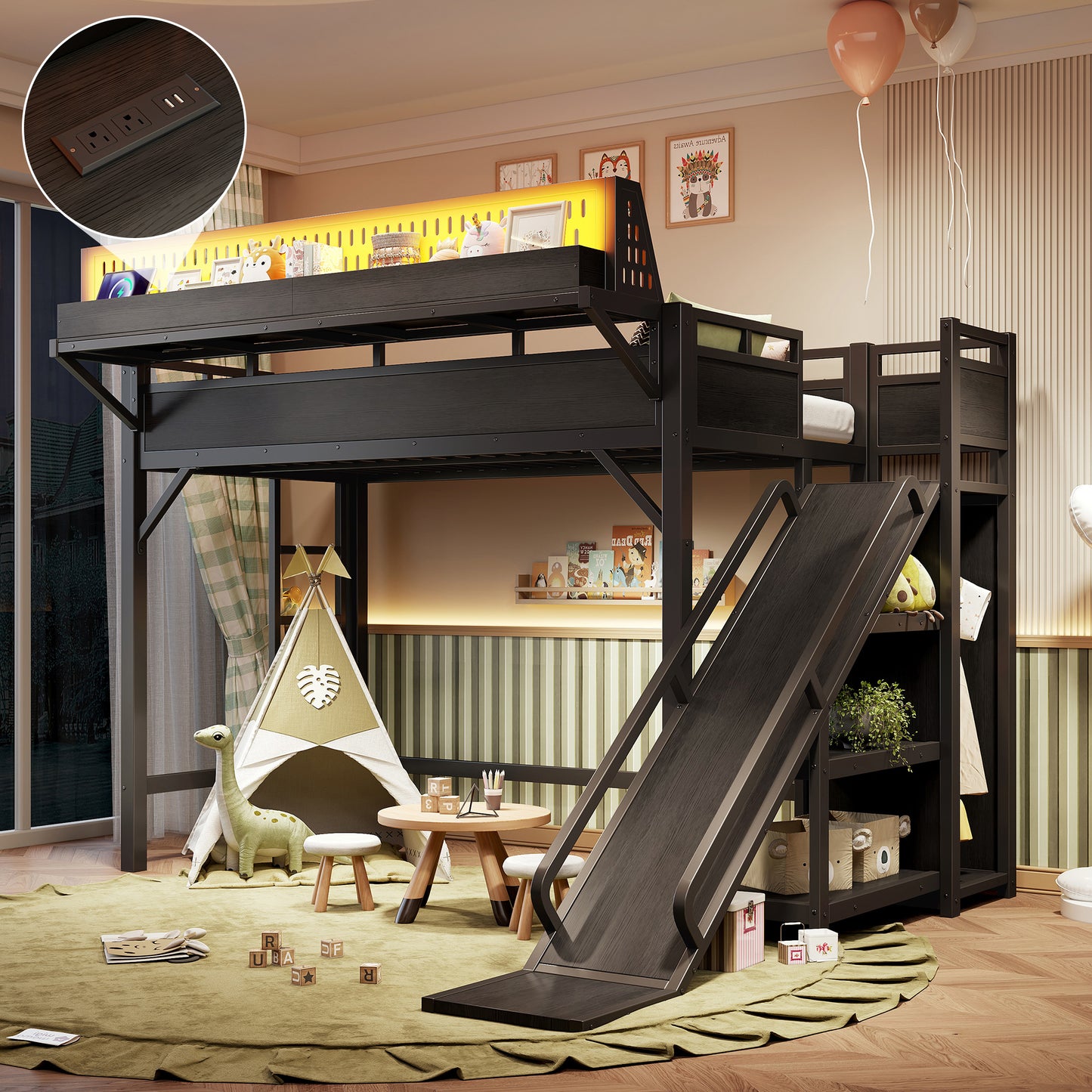 Twin XL Loft Bed with Slide, Storage Shelves, USB Ports & LED Lights - Black