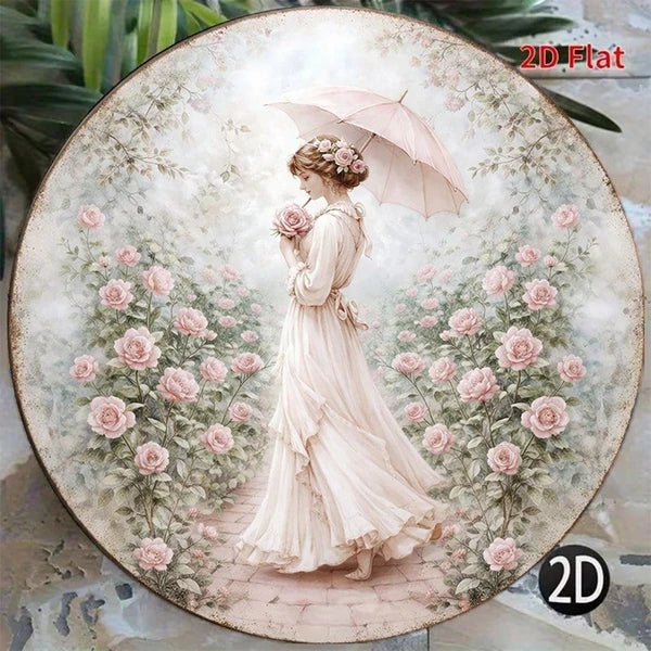 Victorian Lady & Roses Round Wall Plaque - Vintage Metal Sign