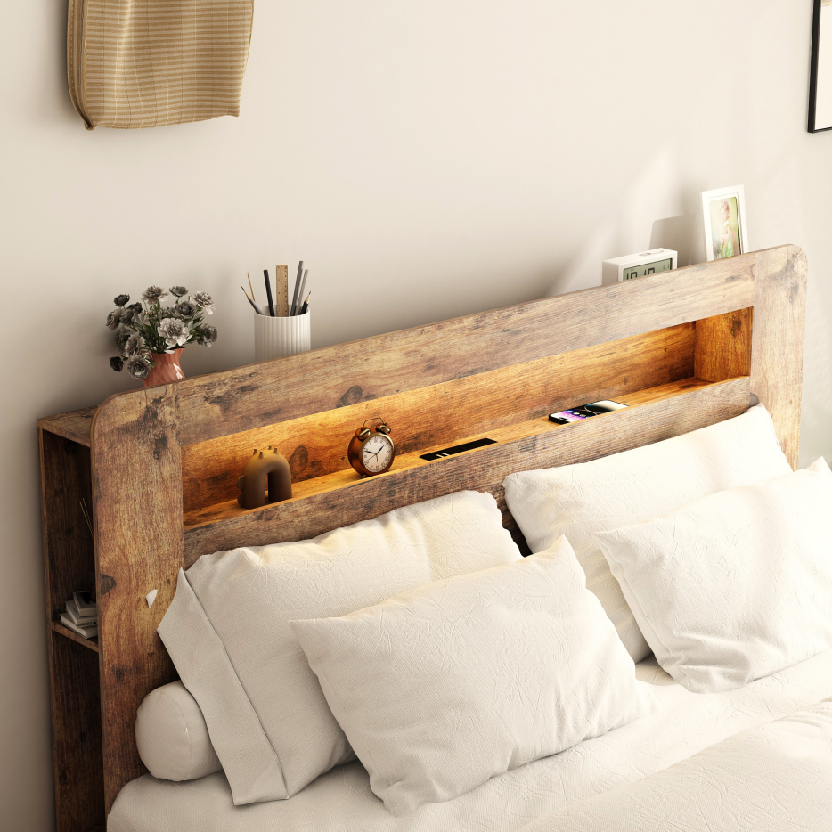 Wood Bed Frame with LED Headboard, USB Ports & Underbed Storage