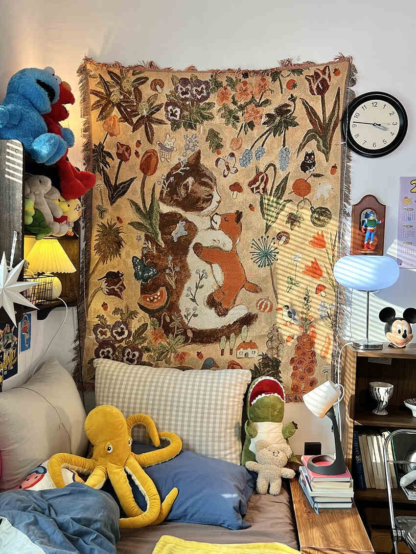 Cartoon Cat Nap Tapestry Home Decor Cotton Wall Hanging