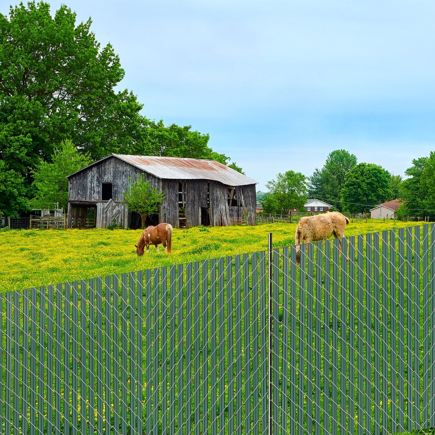 Green Chain Link Fence Privacy Slats - Bottom Lock, 44.5 Inch for 4' High Fences