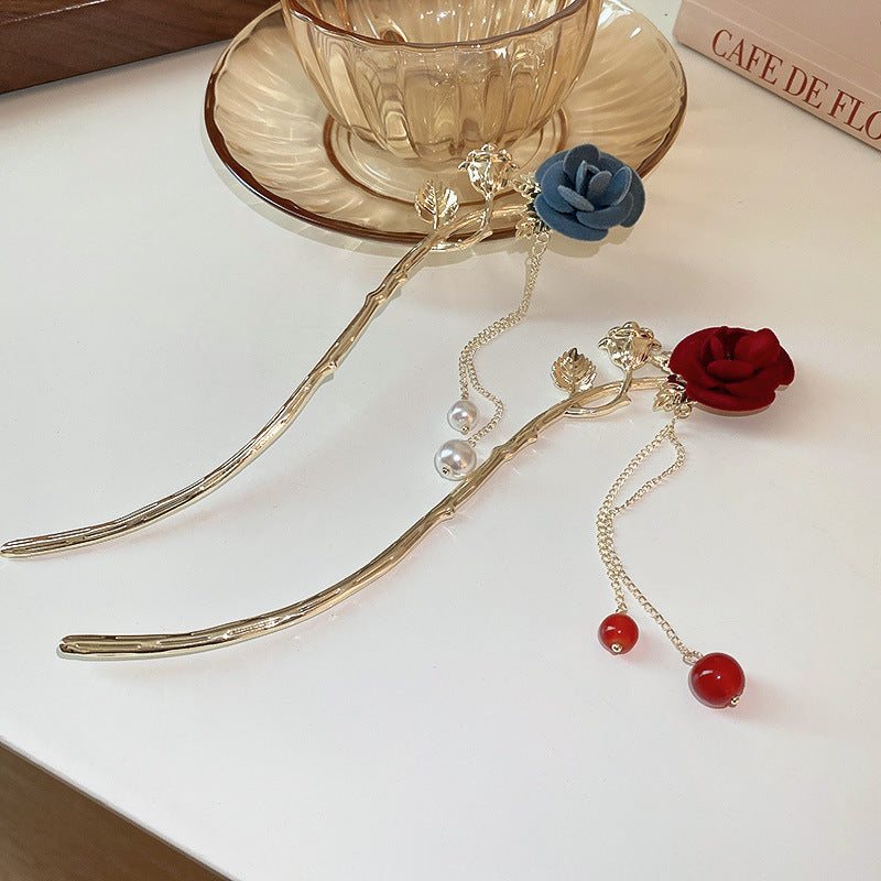 Flocking Rose Flower Hairpin with Pearl Tassel