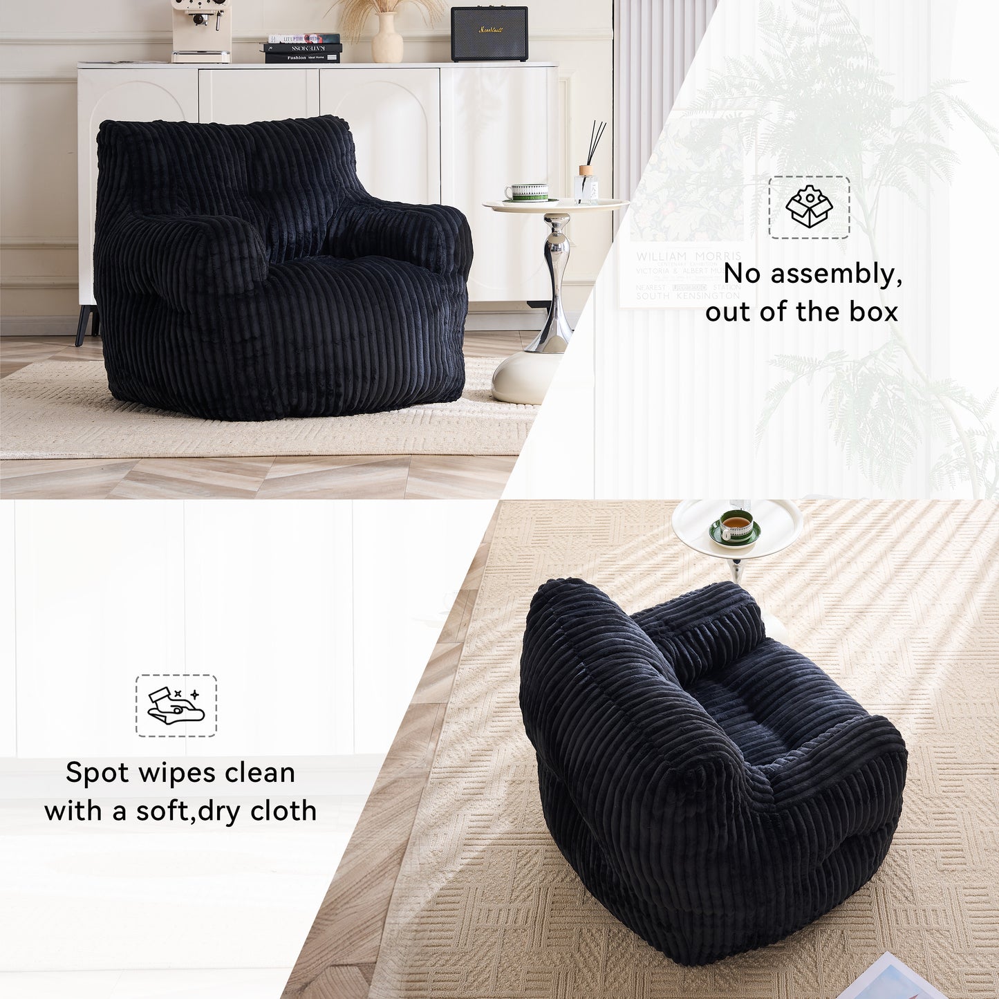 Soft Fluffy Corduroy Bean Bag Chair with Memory Foam - Black