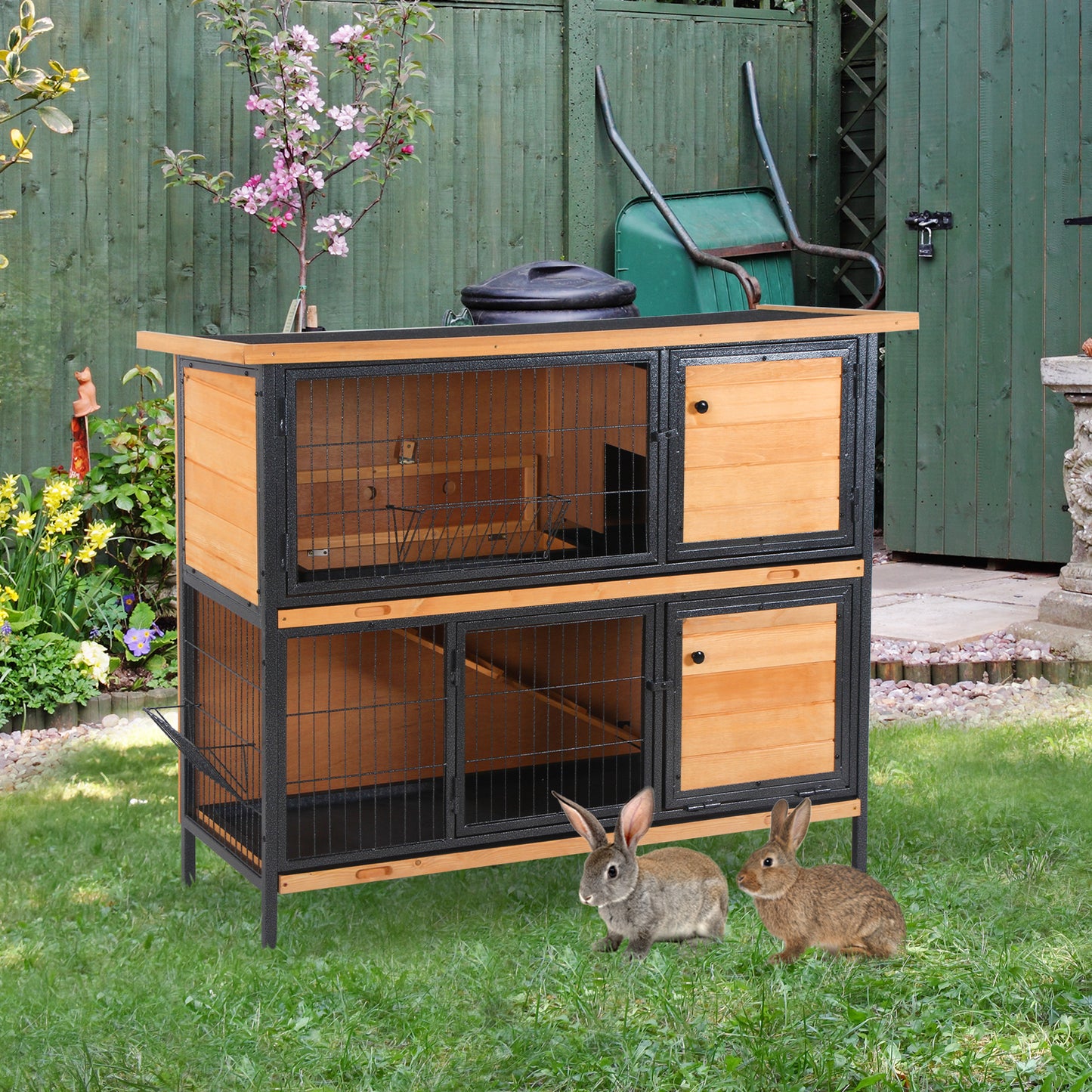 Large Wooden Rabbit Hutch 48 Inch Two-Story Pet House with Ramp & Waterproof Roof