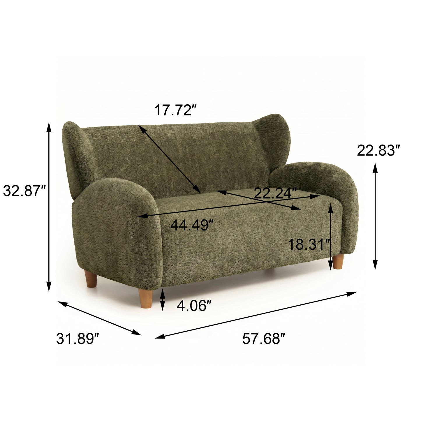 58-Inch Olive Green Chenille Fabric Loveseat with Curved Backrest