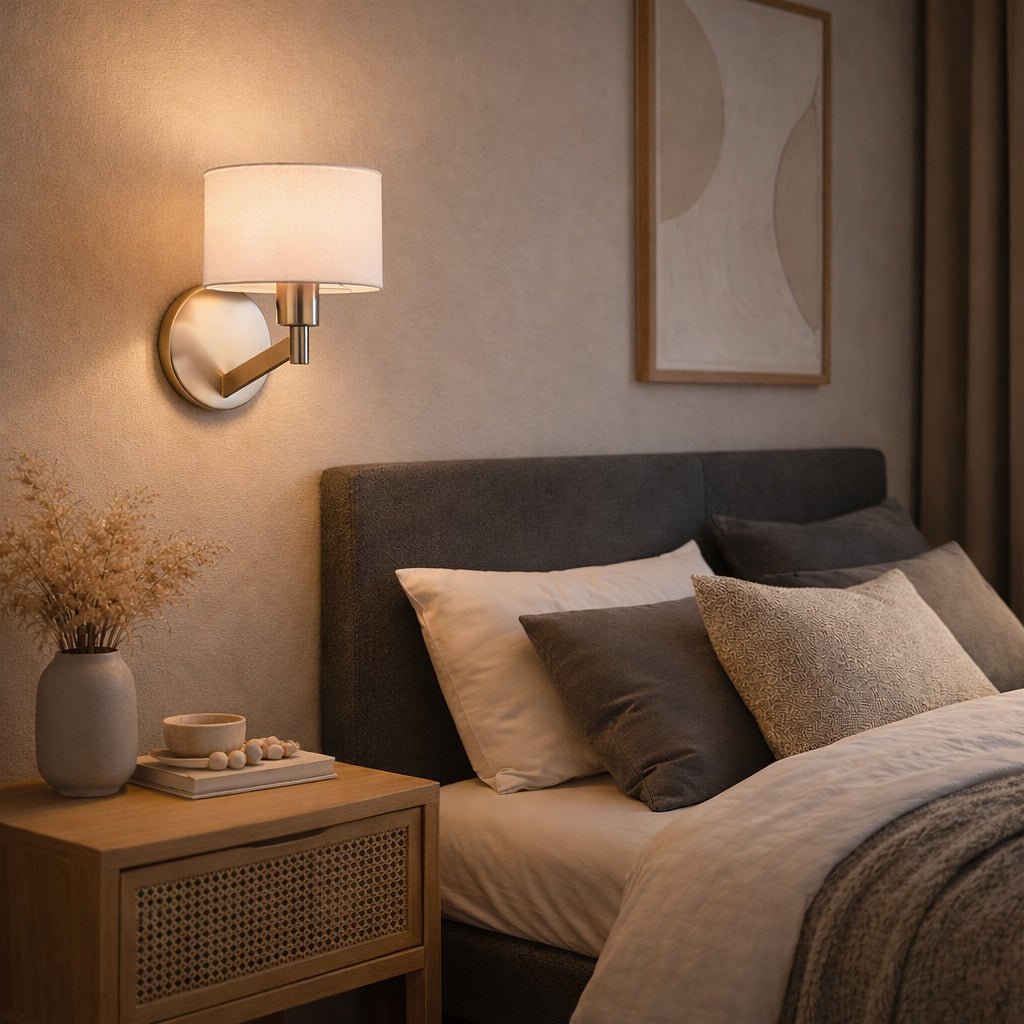 Nebula Brushed Nickel Base Wall Lamp With Rotary White Fabric Shade