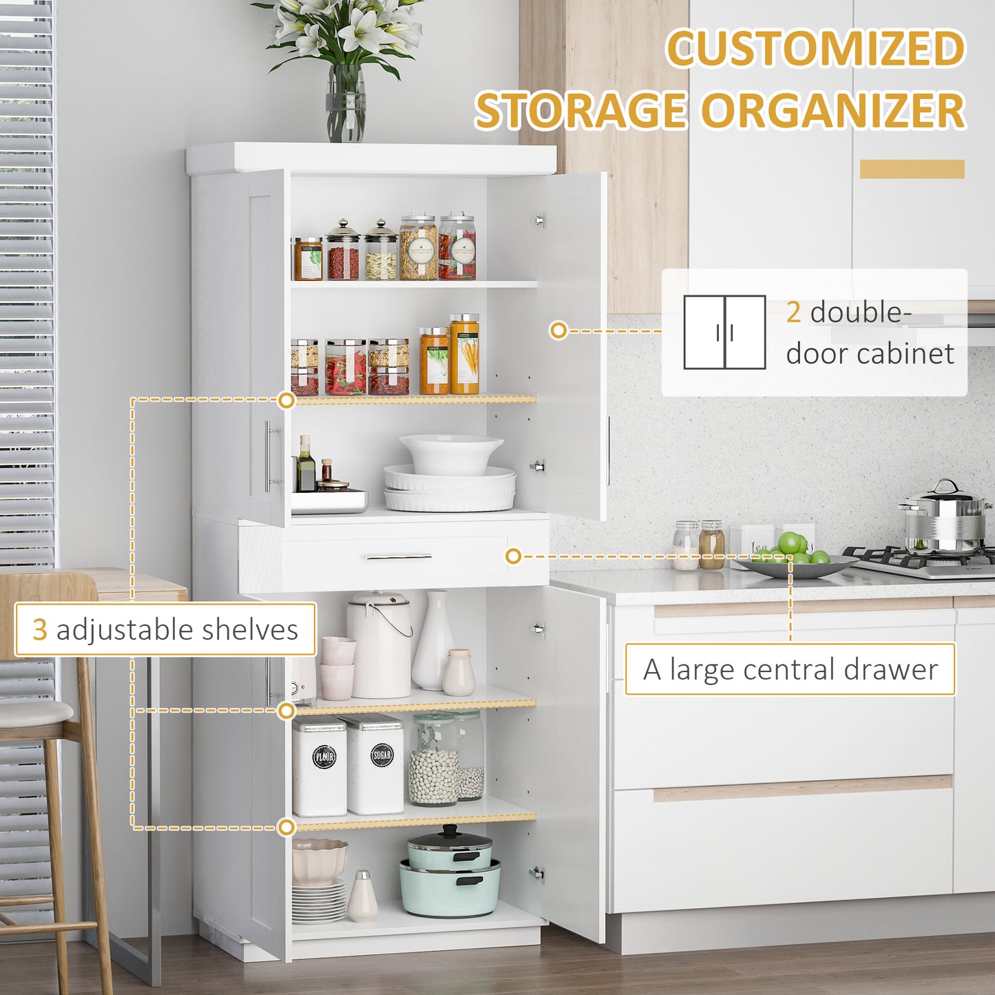 White Kitchen Pantry Cabinet with Adjustable Shelves & Drawer