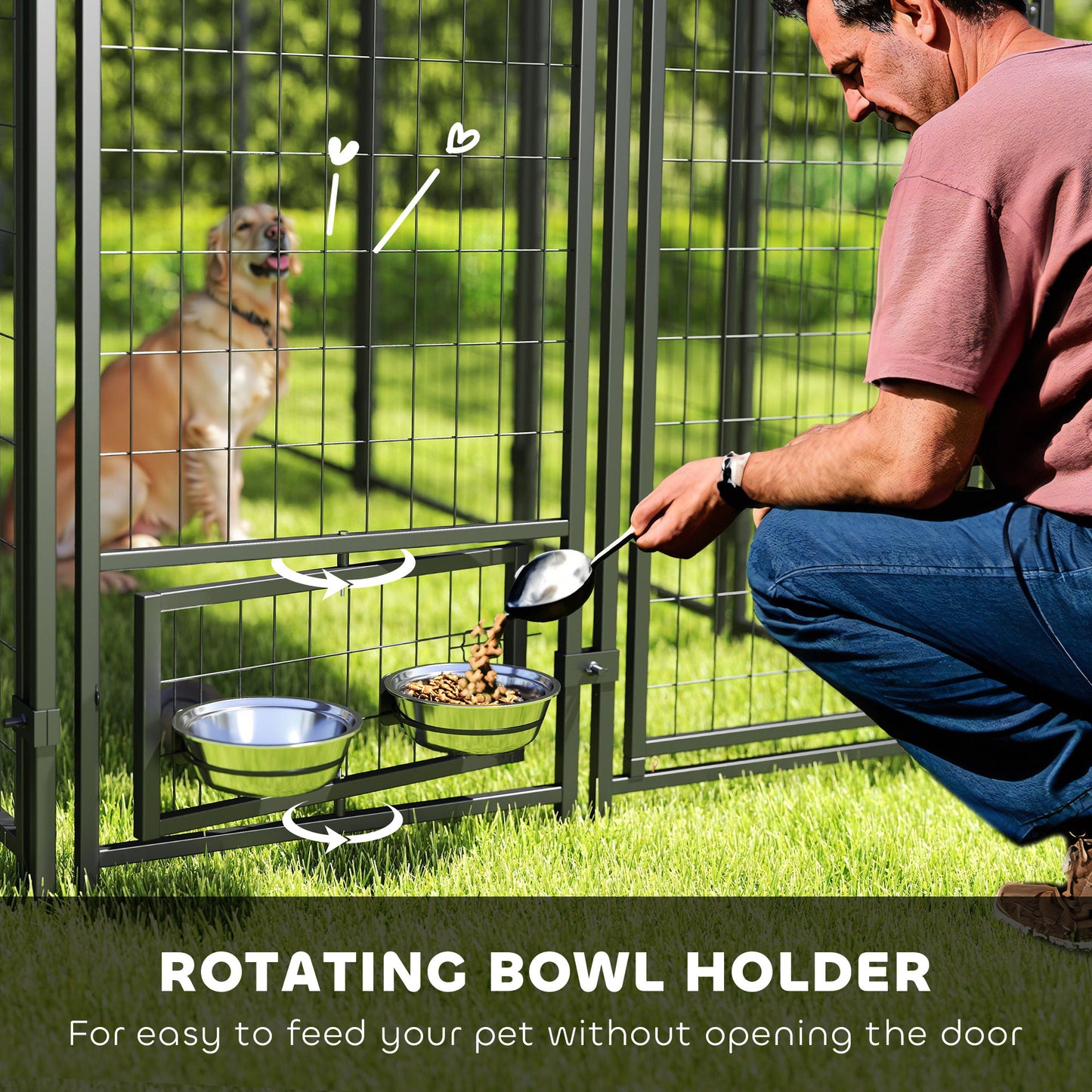 Large Outdoor Dog Kennel with Rotating Bowl Holders and Waterproof Cover, Green, 8x4x6 ft