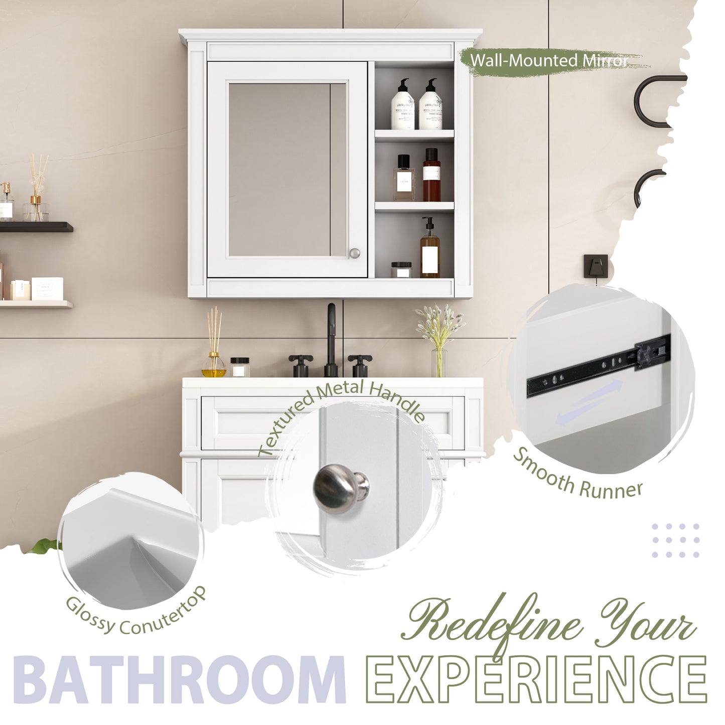 30'' Modern Bathroom Vanity with Sink & Mirror Cabinet - White