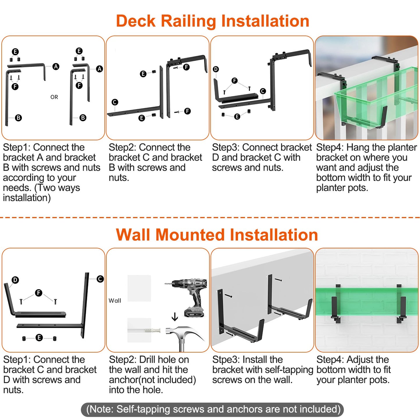Adjustable Planting Brackets Set - Wall & Window Planter Hooks, No Drill Mounts, Black