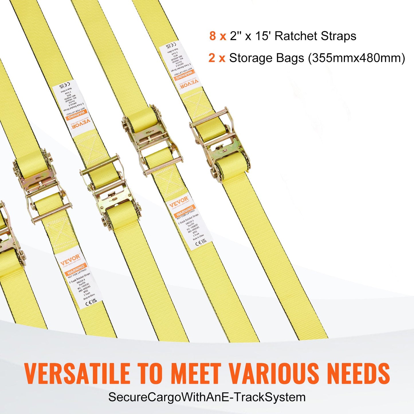 Heavy Duty E-Track Ratchet Tie Down Straps 8 Pack - 4400 Lb Break Strength, 2x15' Yellow