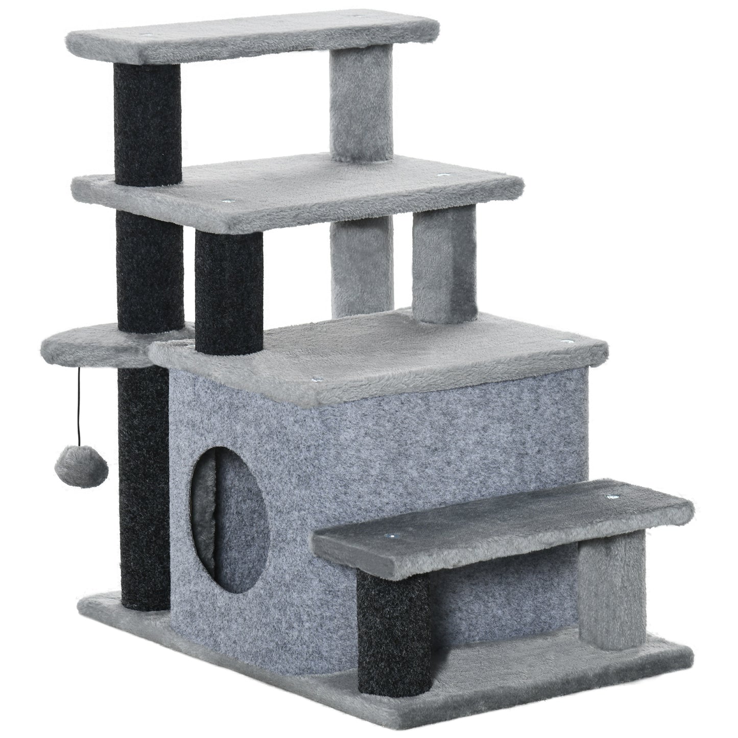 Adjustable 3-4 Step Cat Stairs with Scratching Post & Toy Ball - Gray