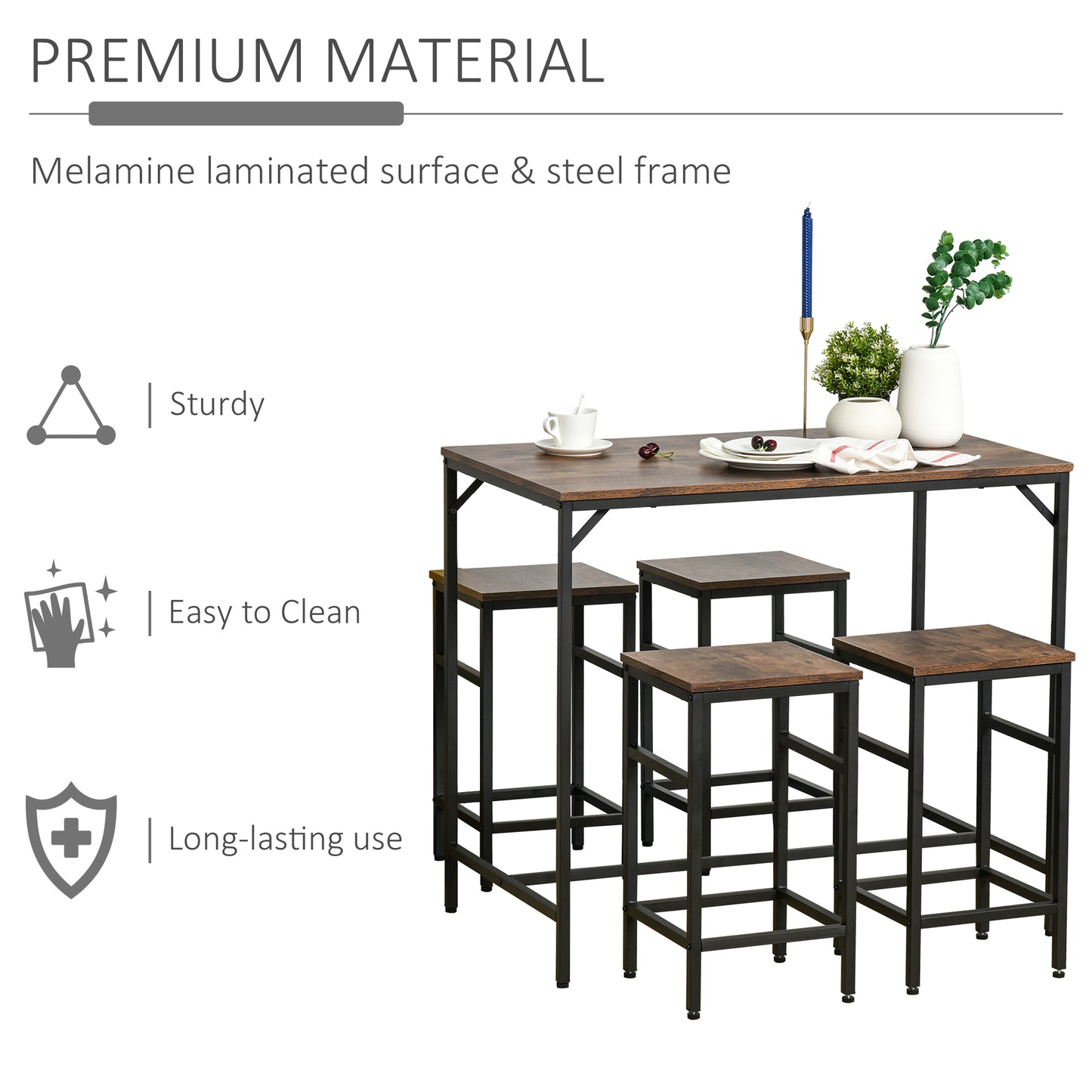 5-Piece Rustic Bar Table Set with 4 Stools - Space Saving Design