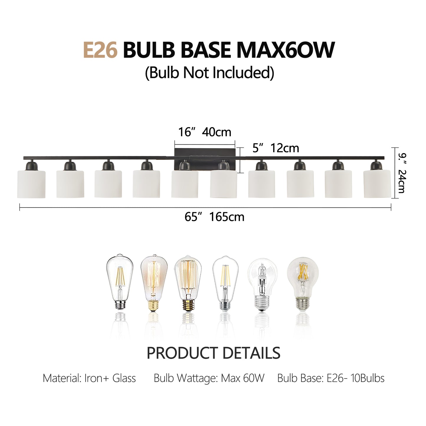 10-Light Bathroom Vanity Light Fixture - Matte Black with White Shades
