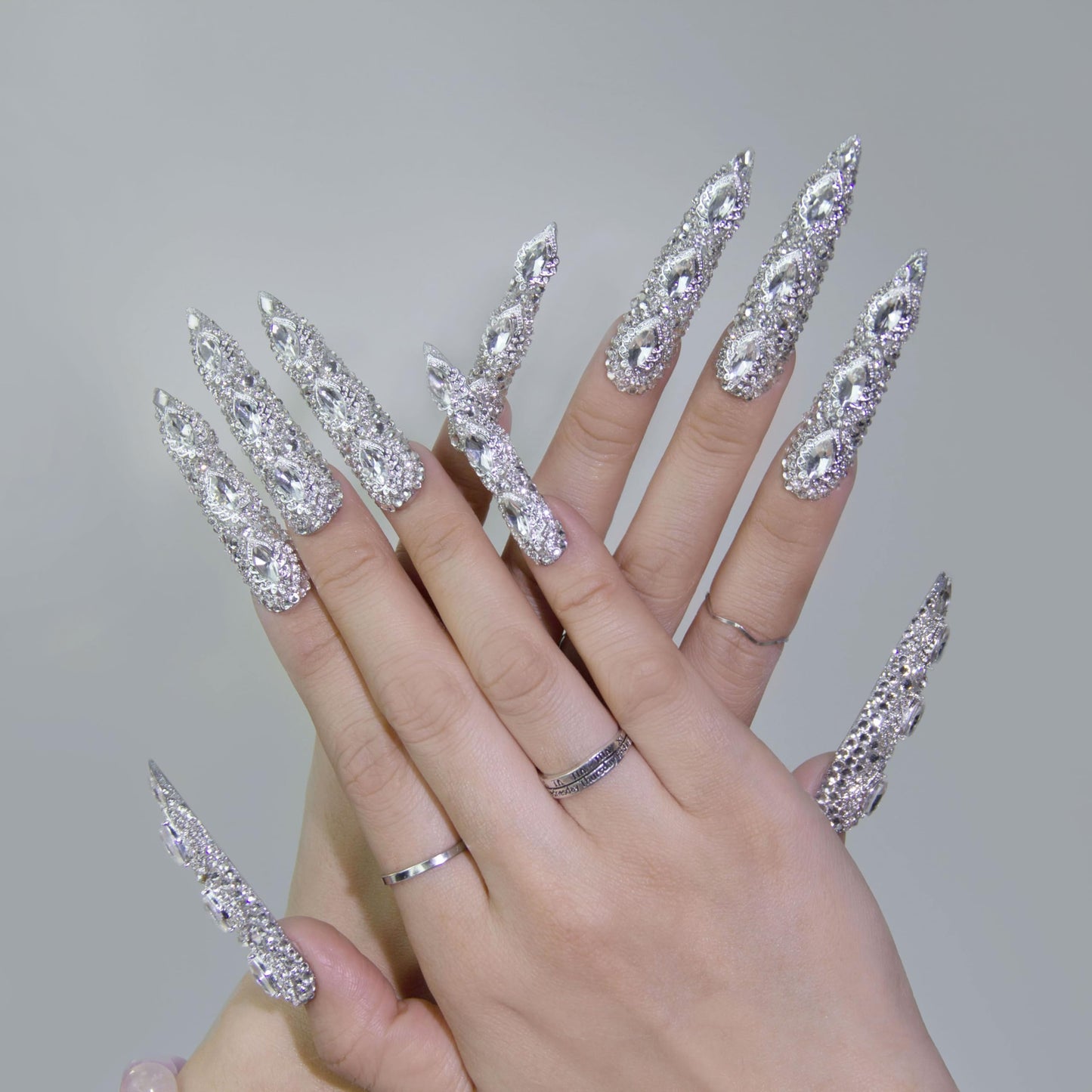 Glacial Empress Handmade Almond Press-On Nails with 3D Crystal Diamonds