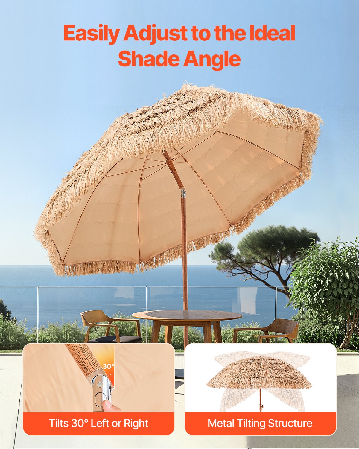 8 Ft Thatched Patio Umbrella with Tilt for Sun Shade - Natural