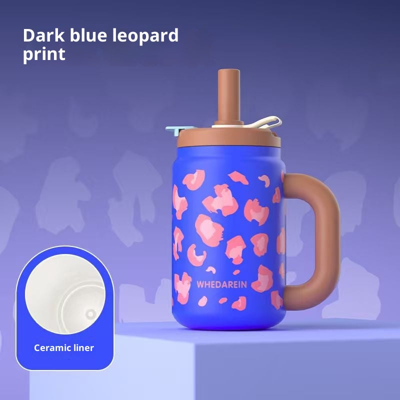 Large Capacity Insulated Stainless Steel Cup with Leopard Print - 800ml