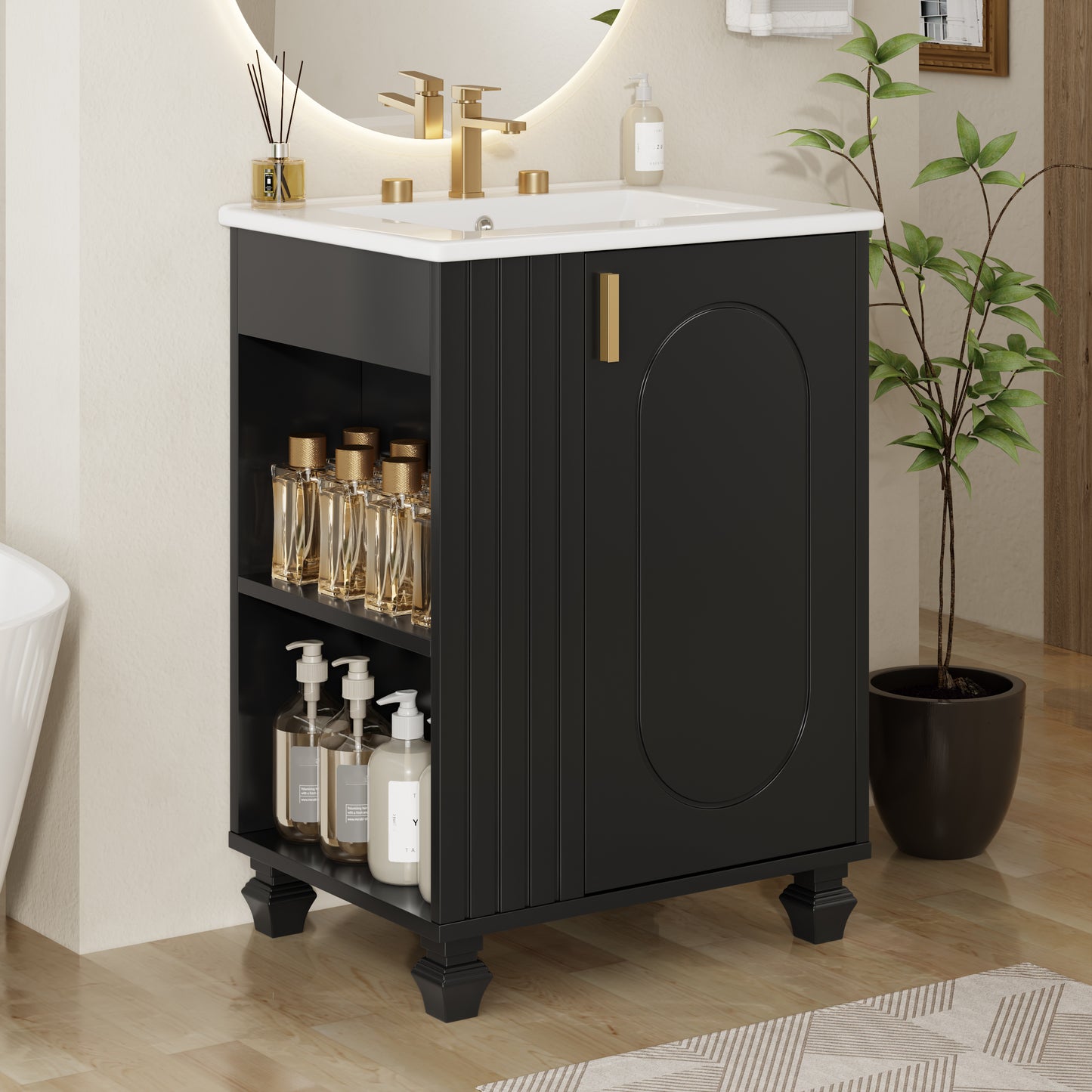 24" Bathroom Vanity with Sink - Solid Wood, Soft Closing Door, Black
