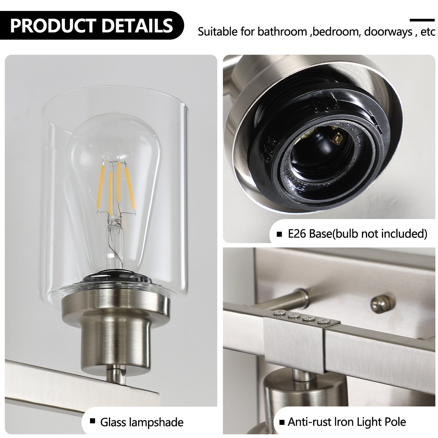 Modern 5-Light Bathroom Vanity Light Fixture - Brushed Nickel with Glass Shades