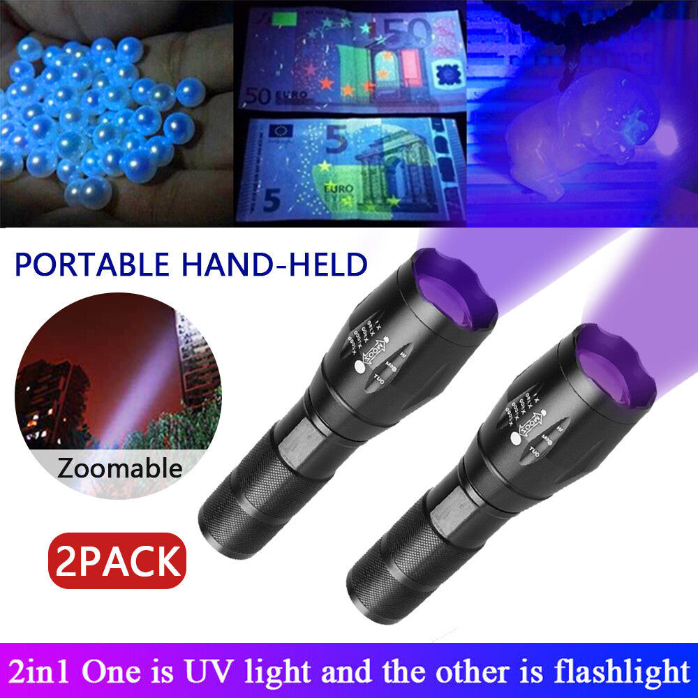 UV Flashlight 2 Pack - 395nm UV & White Light Inspection Torch, Waterproof & Portable