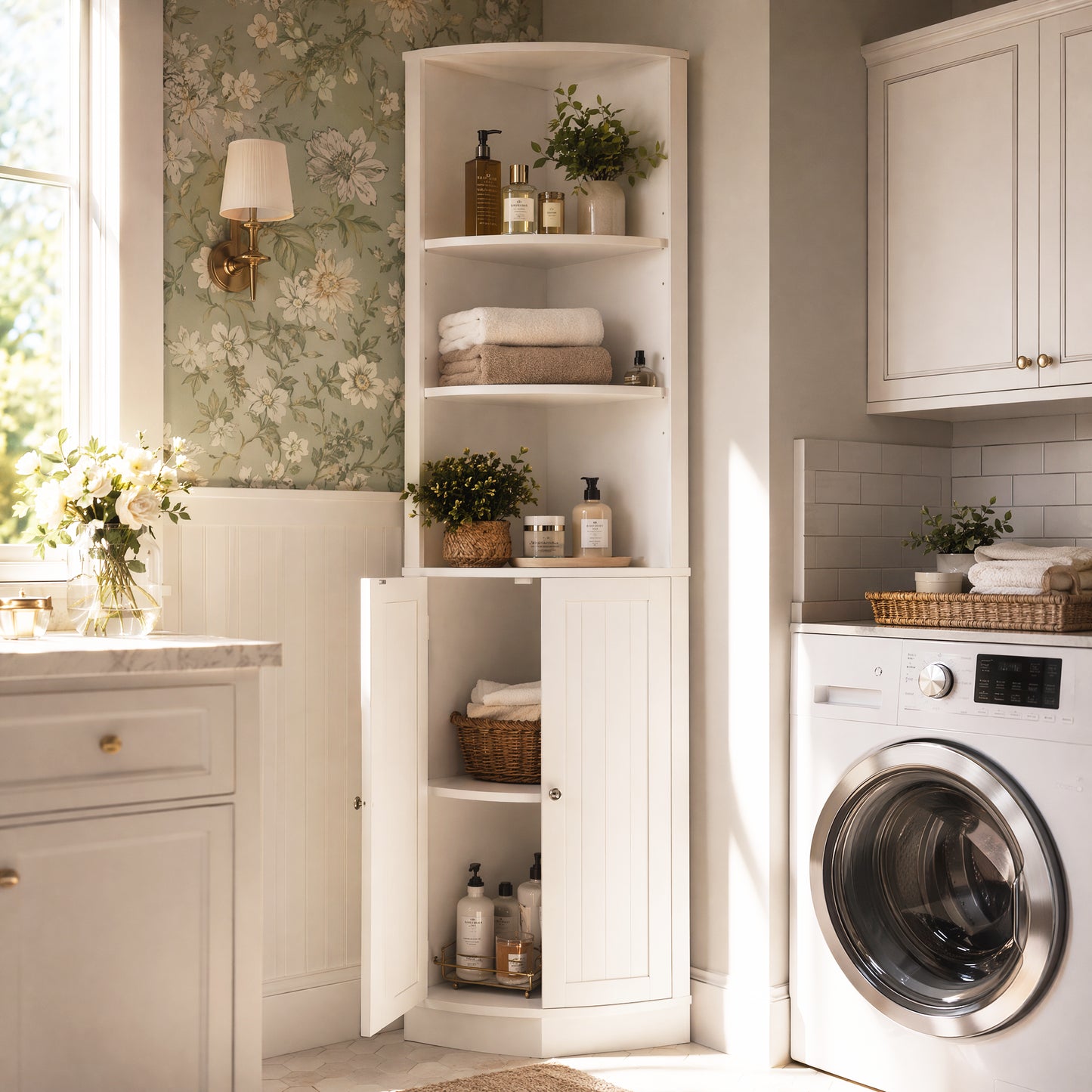 67" Tall Corner Cabinet with 2 Doors and Adjustable Shelves - White