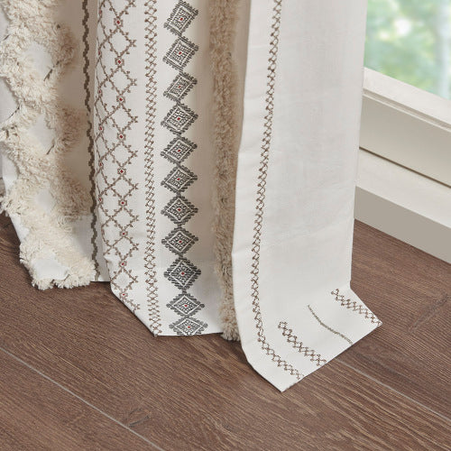 Ivory Cotton Printed Curtain Panel with Chenille Stripe - 50x84