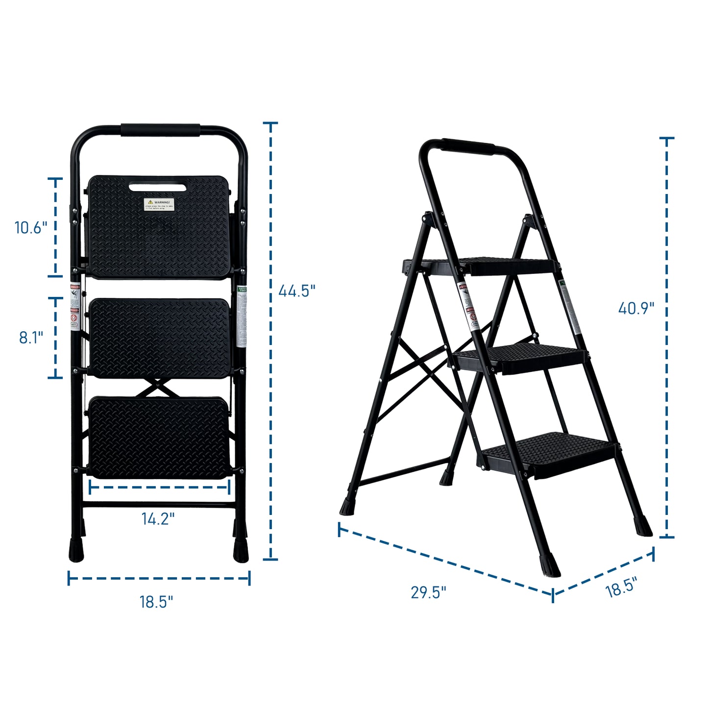 Folding Step Ladder with Anti-Slip Pedals - Portable Steel Stool, Black