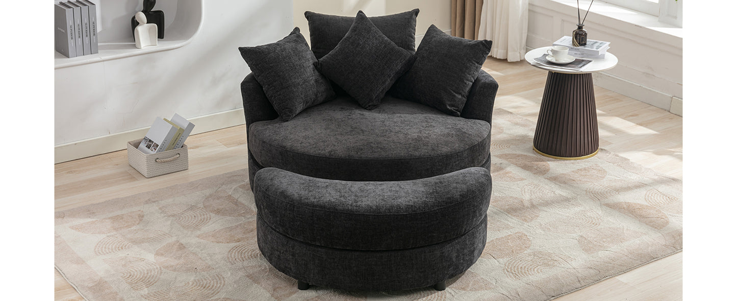 360° Swivel Accent Barrel Chair with Storage Ottoman & 4 Pillows - Gray