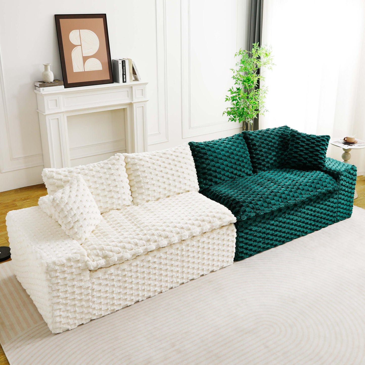 Multifunctional Color-Block Velvet Sofa - White & Green