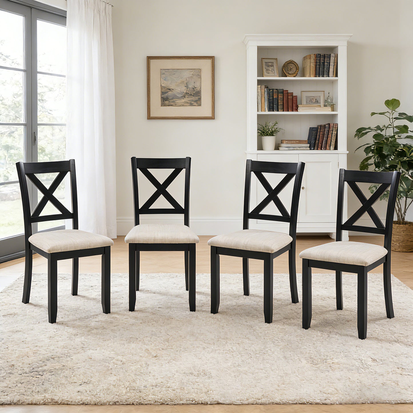 Wooden Dining Chairs Set of 4 with Padded Seat - Black & Beige