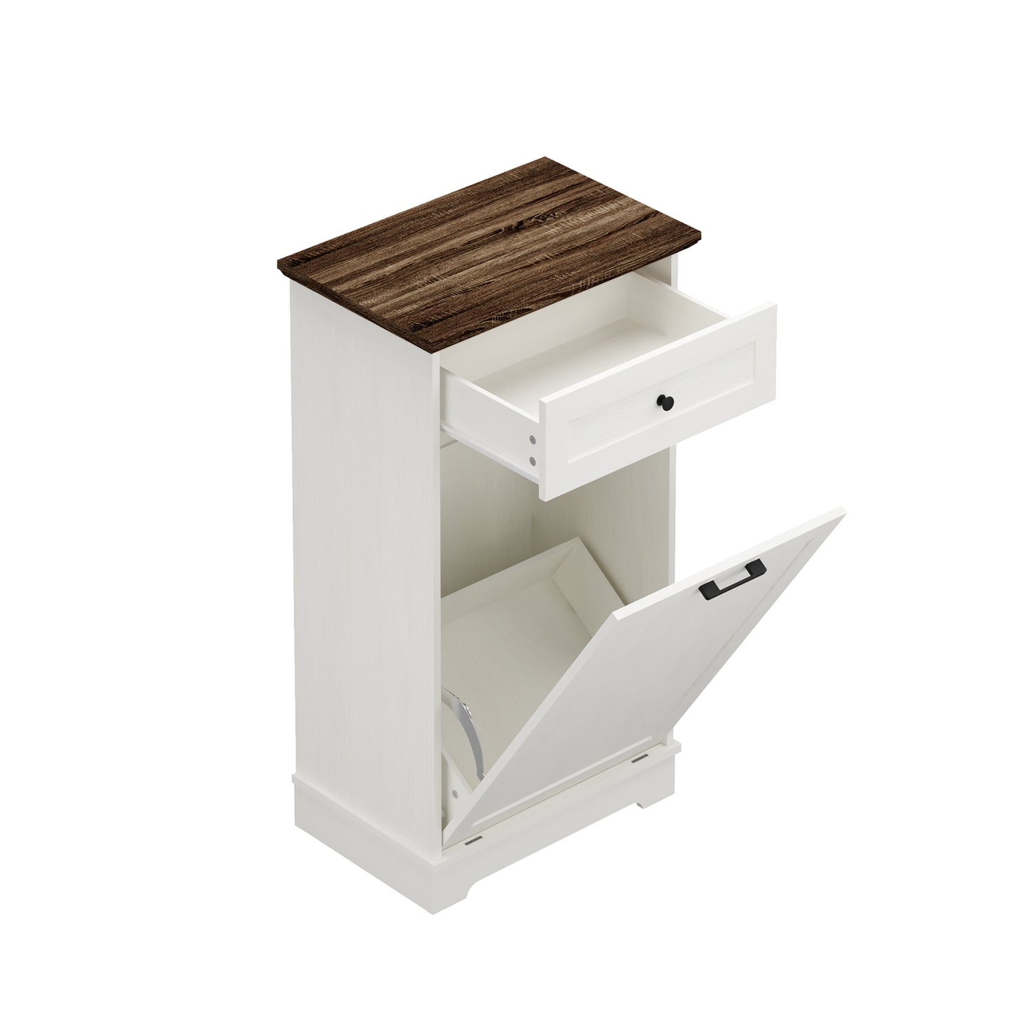 Tilt-Out Trash Cabinet - Freestanding Wood Recycling Bin with Drawer, Antique Brown & White