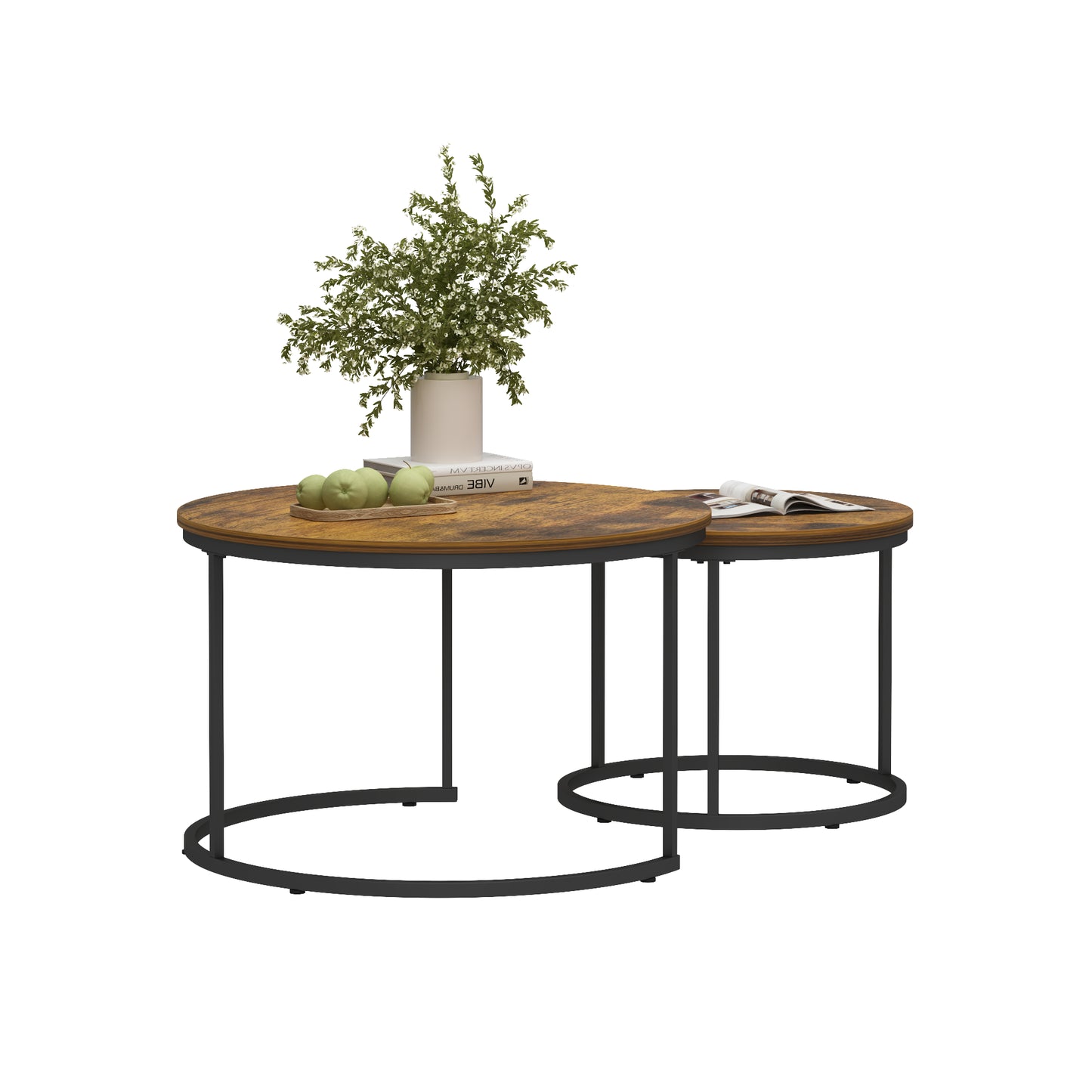 Nesting Coffee Table Set of 2 - Round Wood & Metal, Rustic Brown